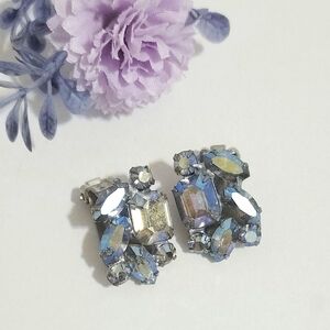 Vintage Weiss Blue Aurora Borealis Crystal Clip-on Earrings RARE Statement